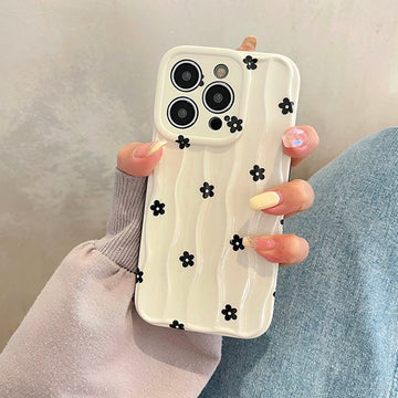 Qfdian Black Flowers 3D Wave Pattern Phone Case For iPhone 13 11 12 14 15 16 Pro Max White Bumper Soft Silicone Cover